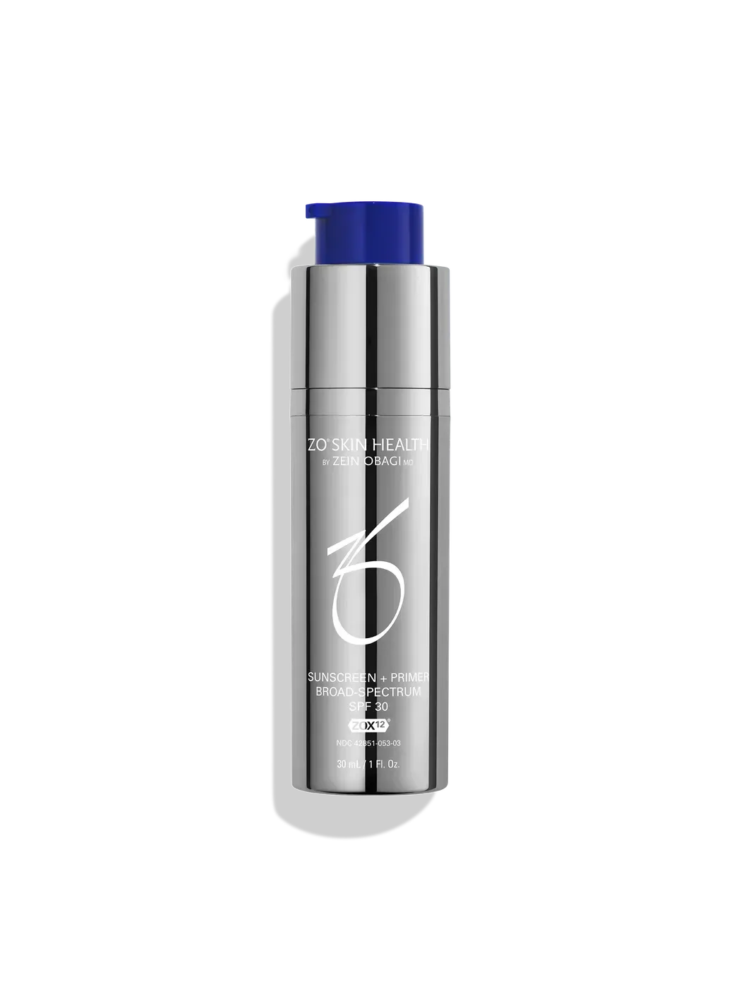 Silver skincare bottle with blue cap on a white background