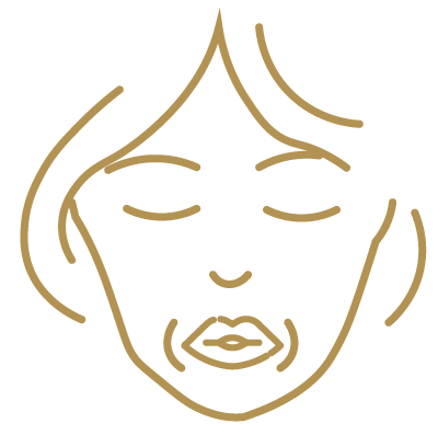 Gold line-art face with closed eyes and pursed lips, resembling a skincare or meditation icon
