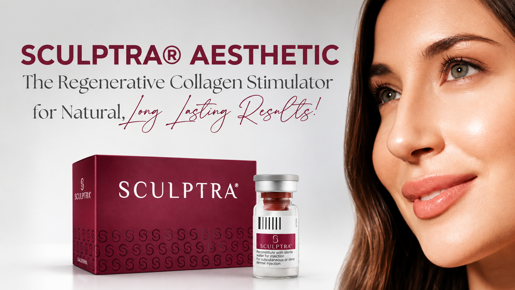 SCULPTRA aesthetic ad with product box, vial, and woman’s face on a pink-white background