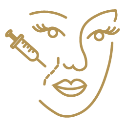 Gold line-art face with syringe near cheek, suggesting cosmetic injection or facial treatment icon