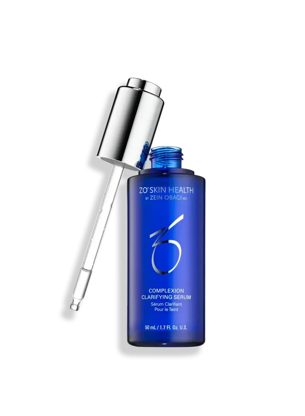 Blue skincare serum bottle with dropper cap on a white background