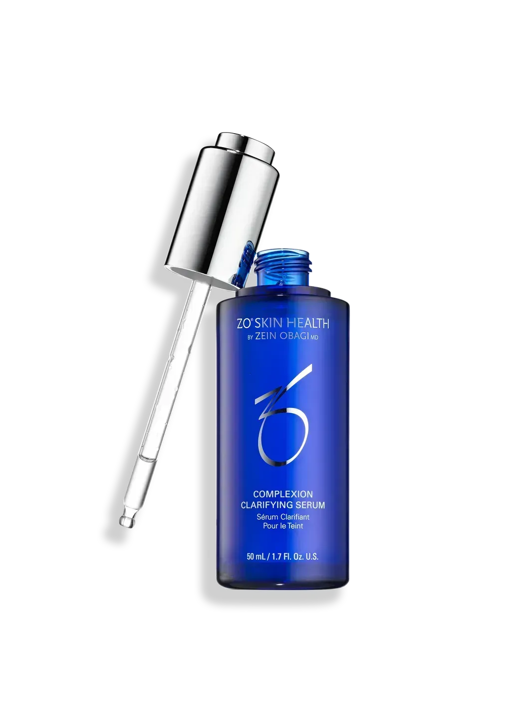 Blue cosmetic serum bottle with dropper and silver cap on white background