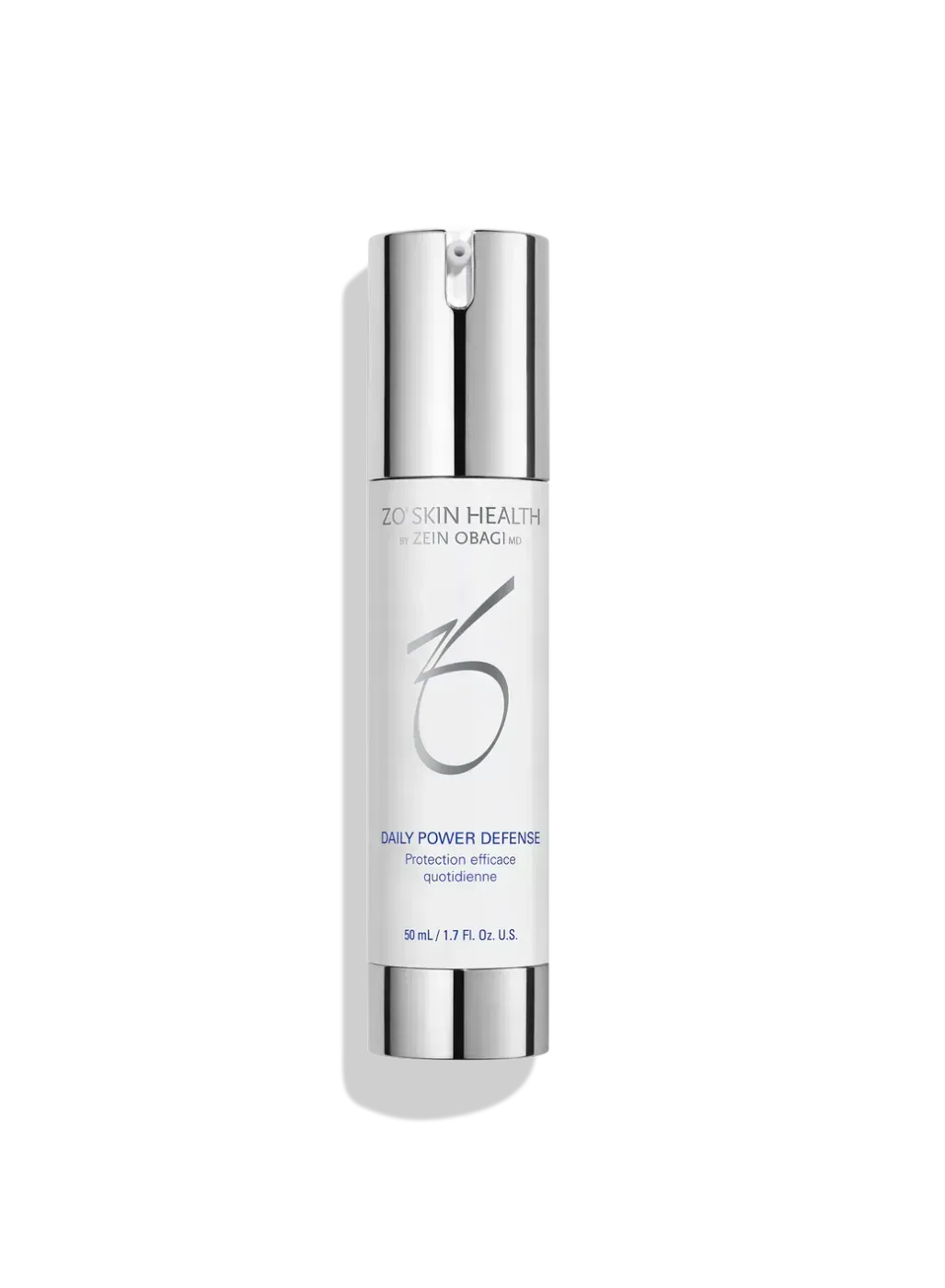 White skincare serum bottle with silver cap on a white background