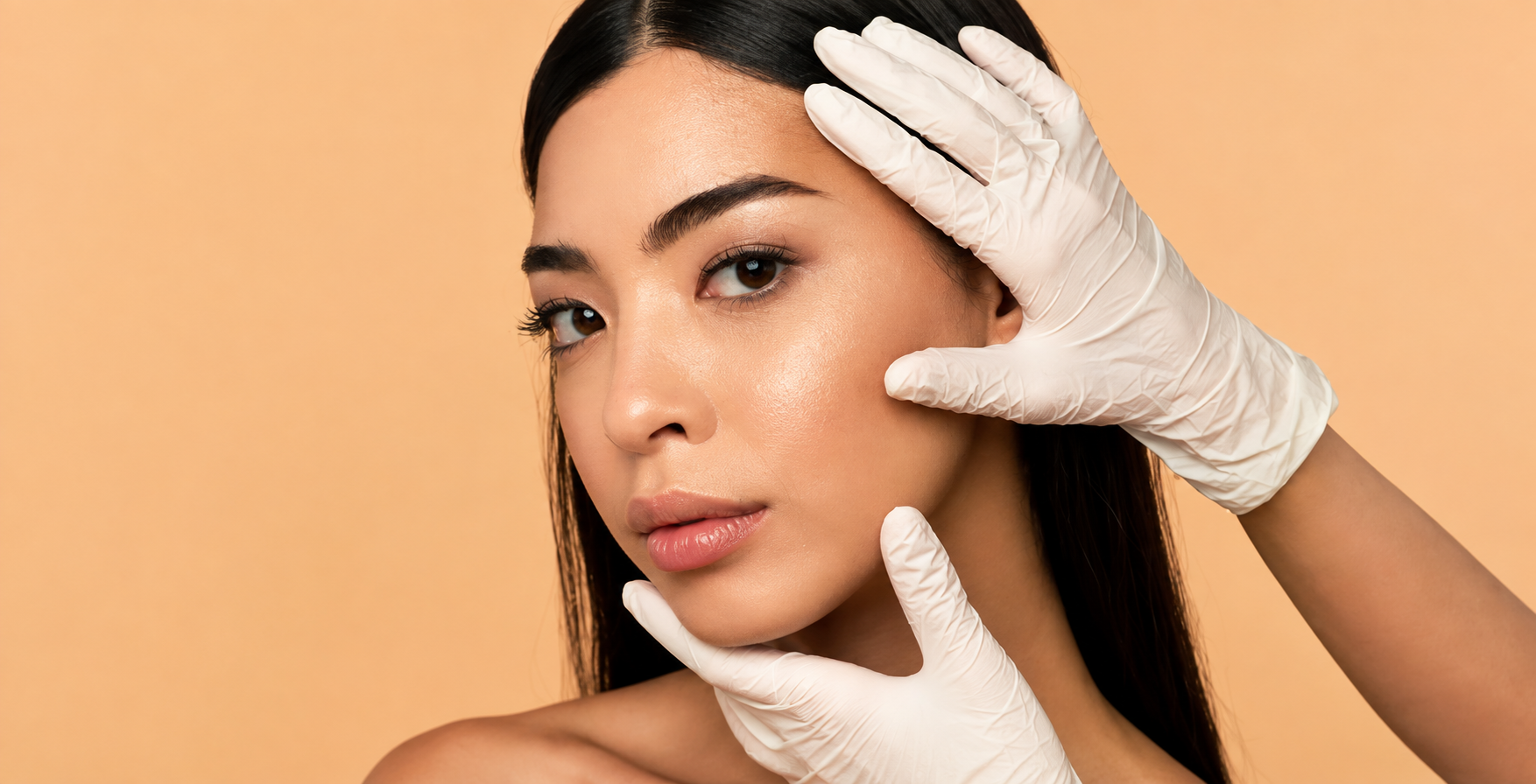 Close-up of a woman’s face being gently framed by gloved hands against a peach background