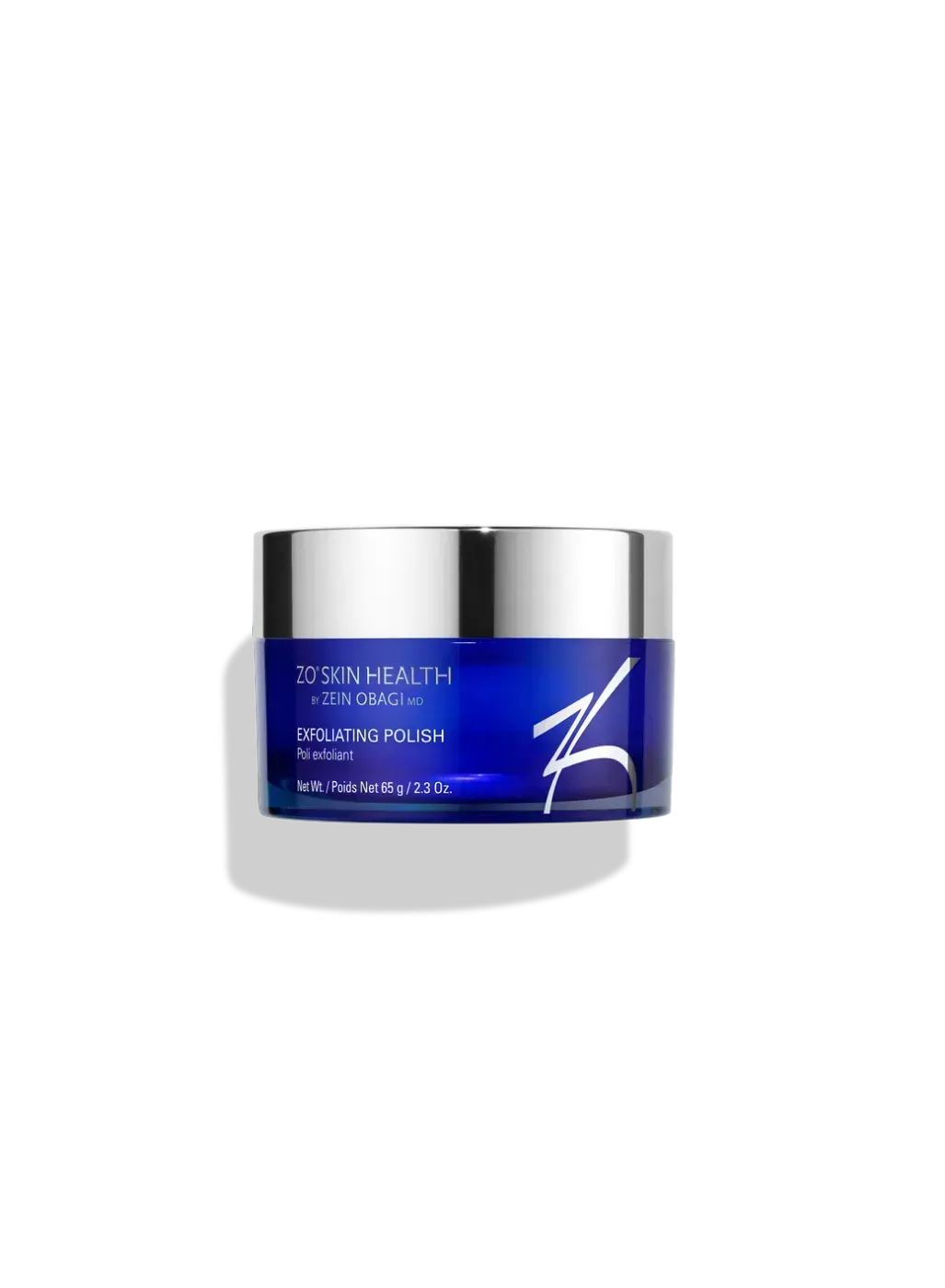 Blue and silver cosmetic jar with two silver lids on a white background