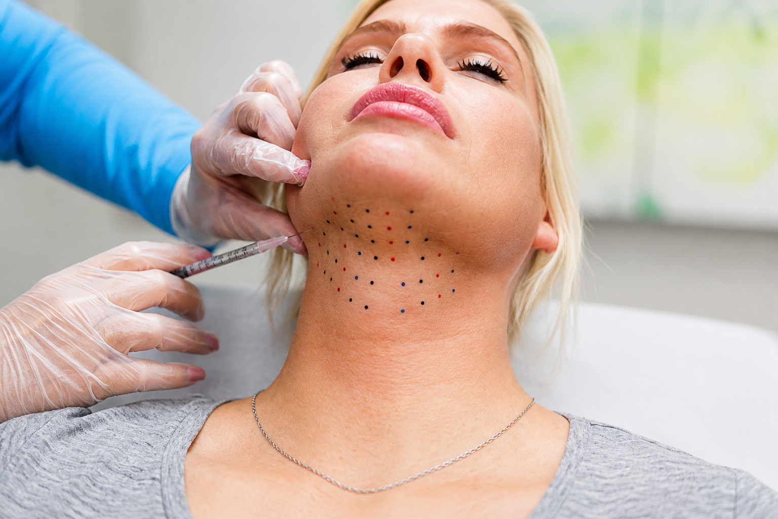 Gloved hands marking a woman’s chin for a cosmetic neck procedure