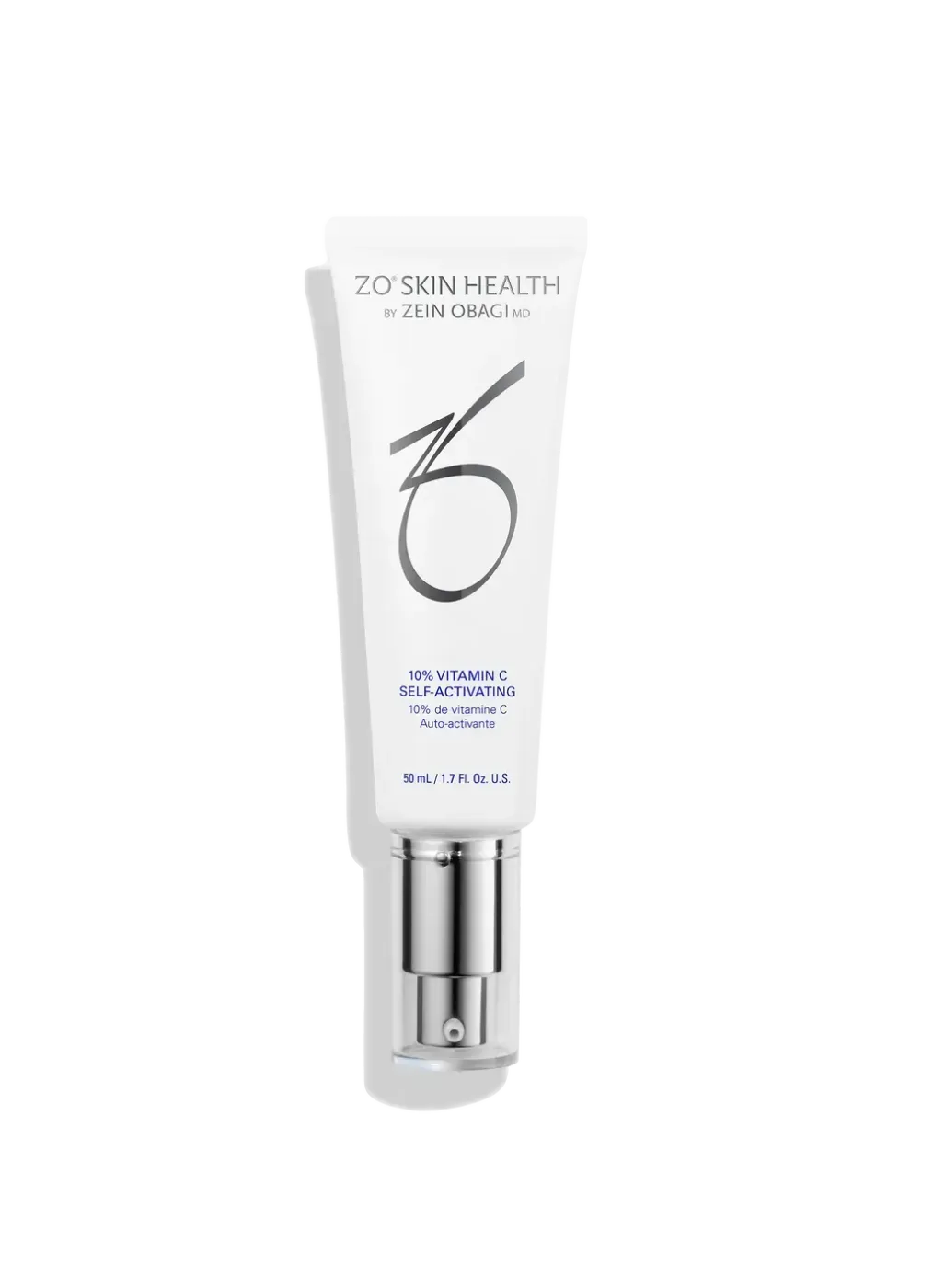 White cosmetic tube with silver cap and minimal black lettering on a plain background