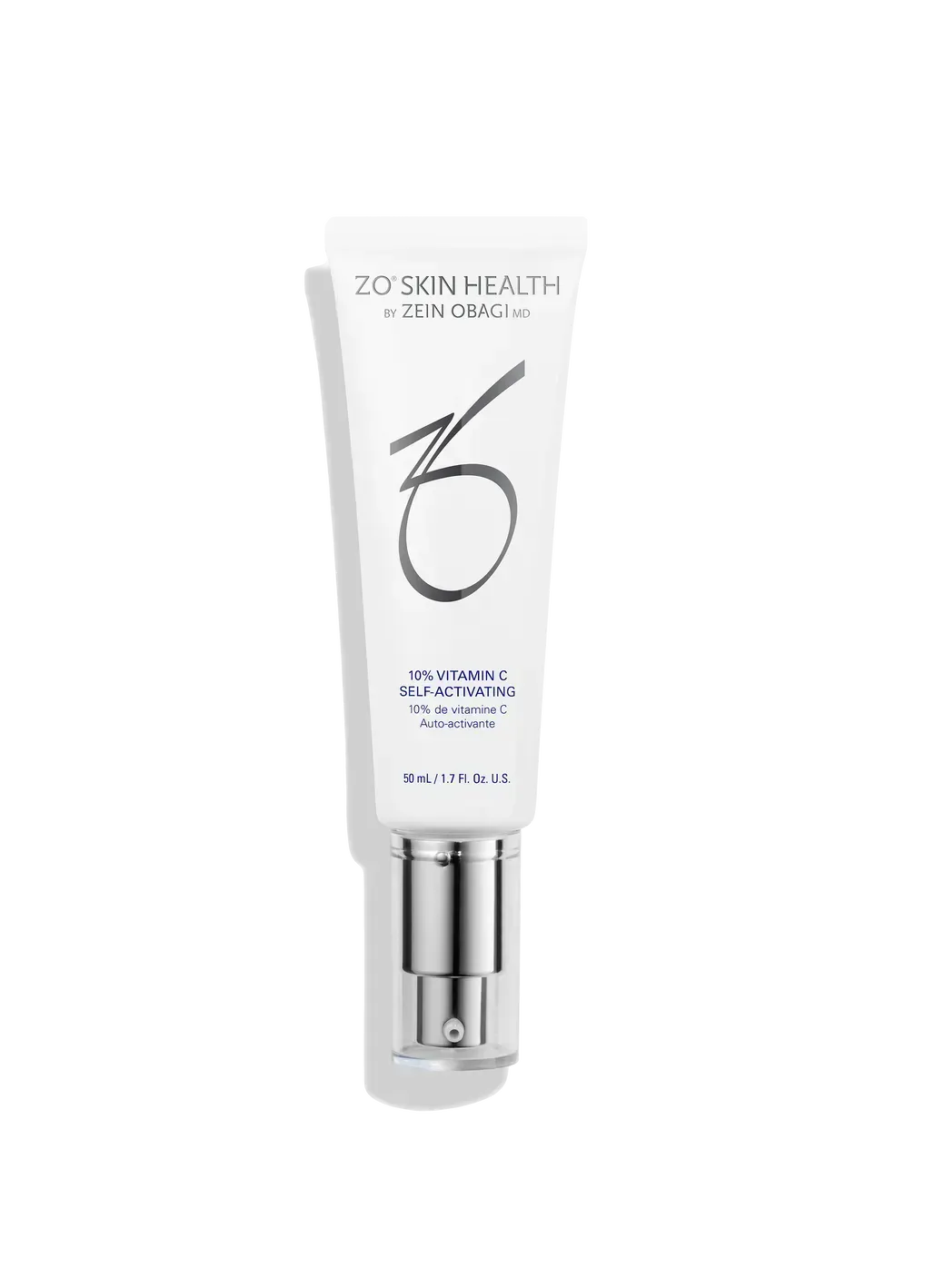 White cosmetic tube with silver cap and minimal black logo on a plain background