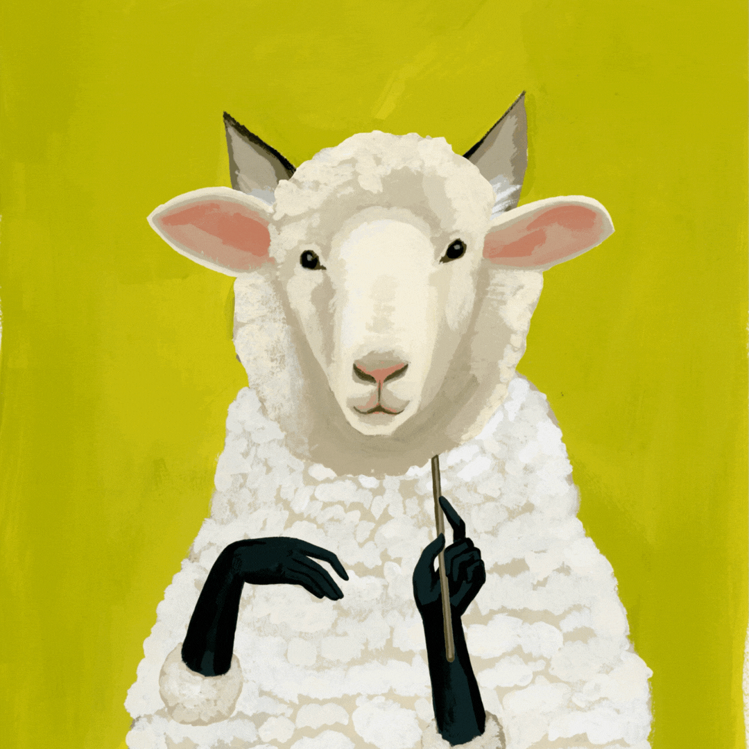 Sheep in sheepskin and black gloves holds a conductor's baton, set against a green background.