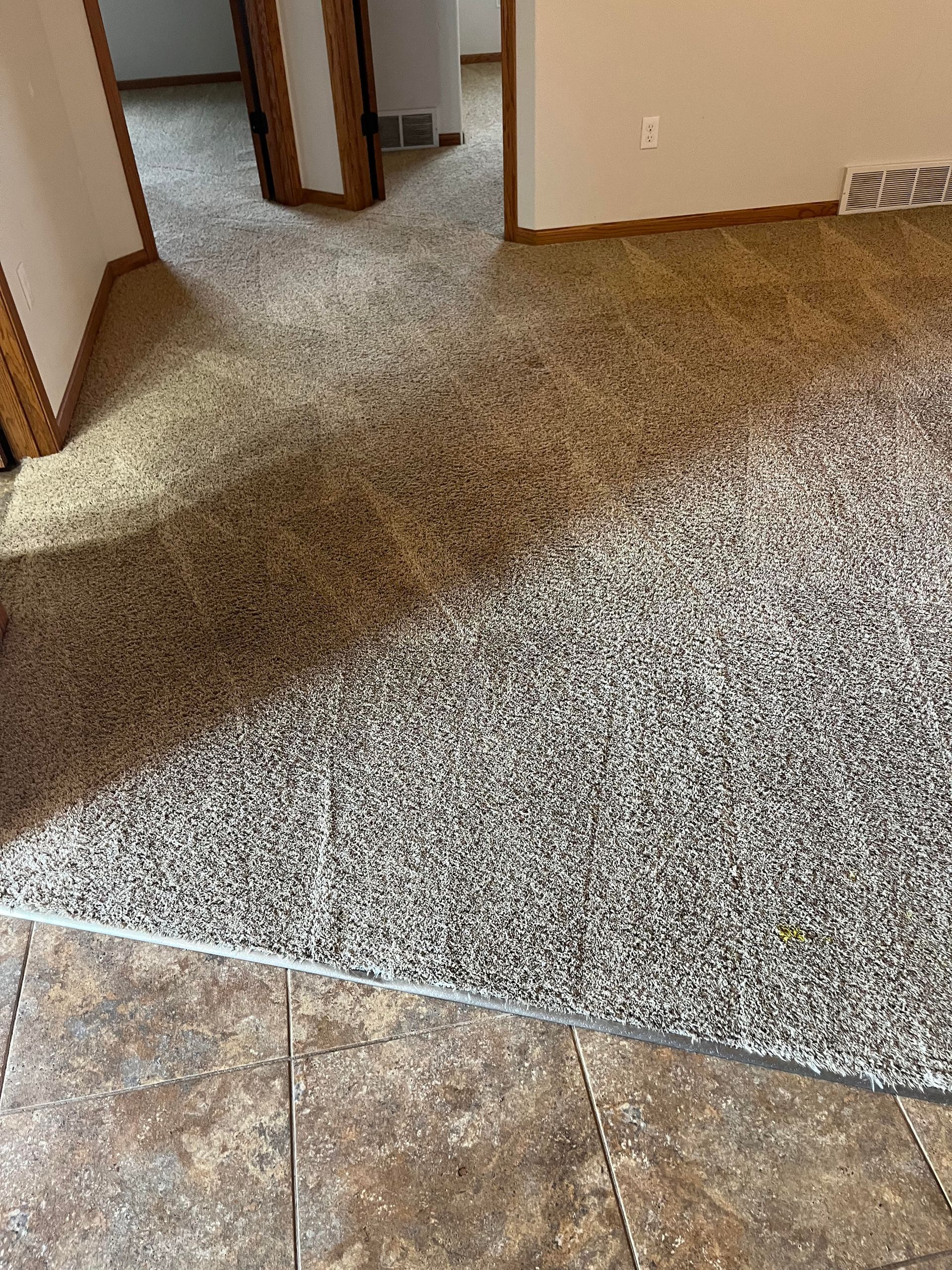 A living room with a carpet and tile floor.