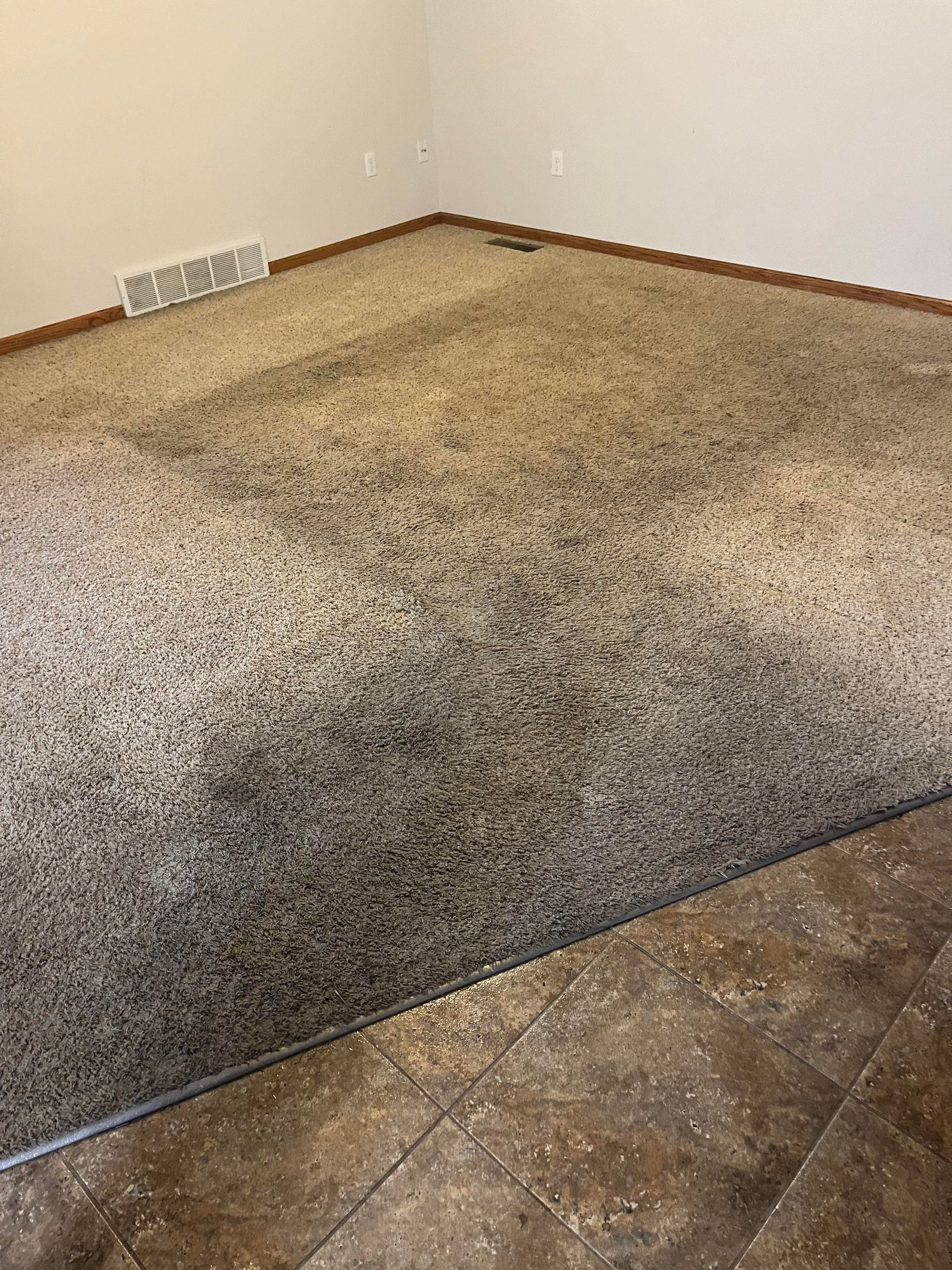 A living room with a dirty carpet and tile floor.