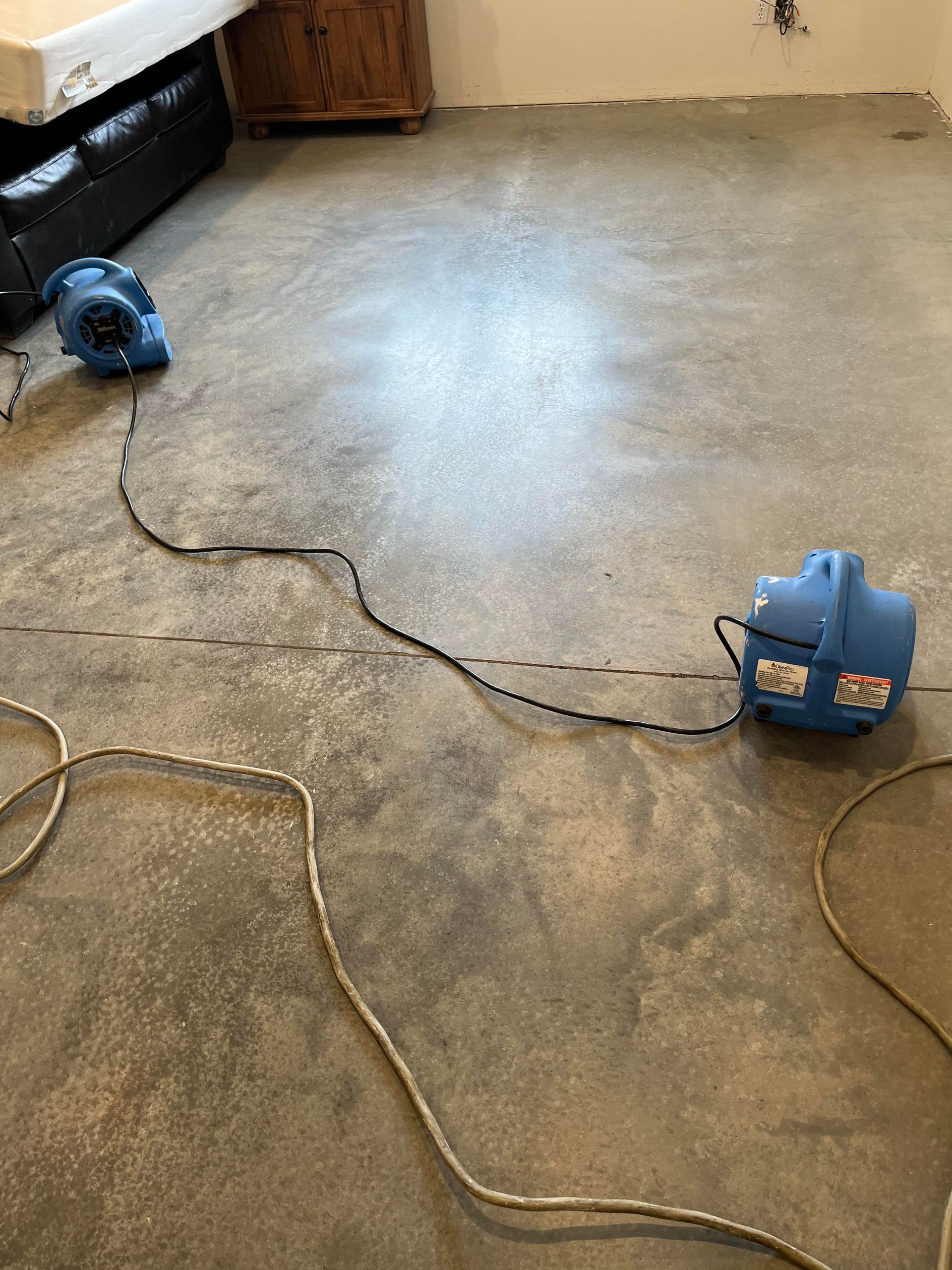 A blue vacuum cleaner is sitting on a concrete floor in a room.