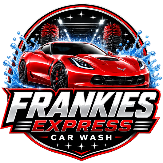 Frankies Express Car Wash logo with a red sports car and water splashes on a black background