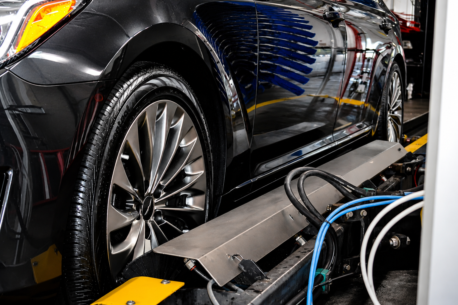 Black car on a dynamometer in a testing garage, with equipment and cables beside it