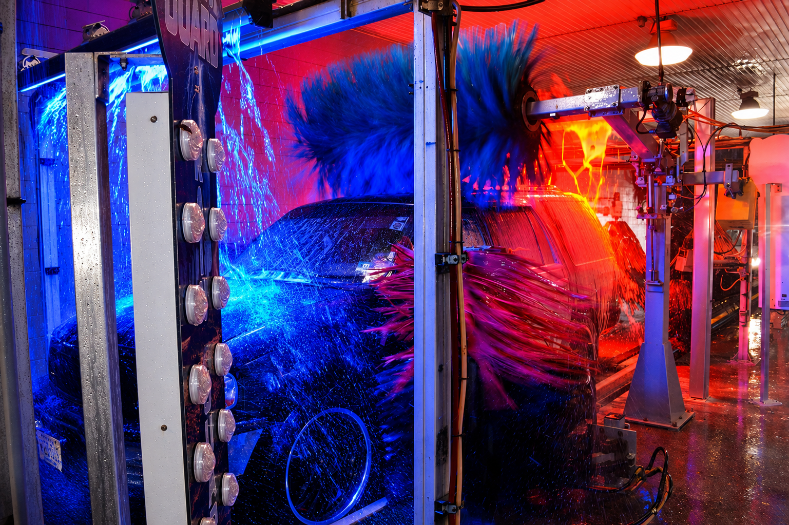 A red car is going through a car wash.