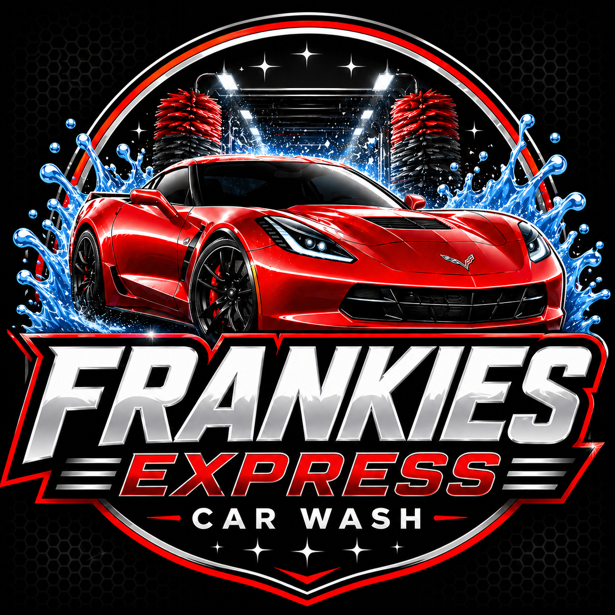 Frankies Express car wash logo with red sports car, water splashes, and black circular badge