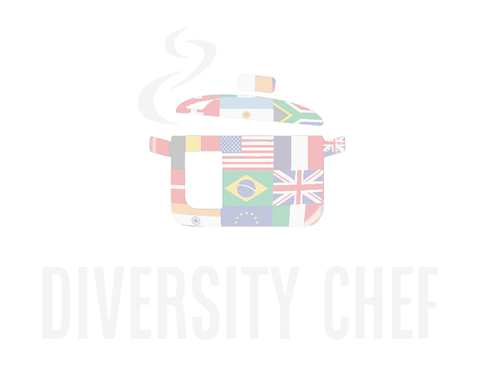 The logo for diversity chef is a pot with flags of different countries on it.