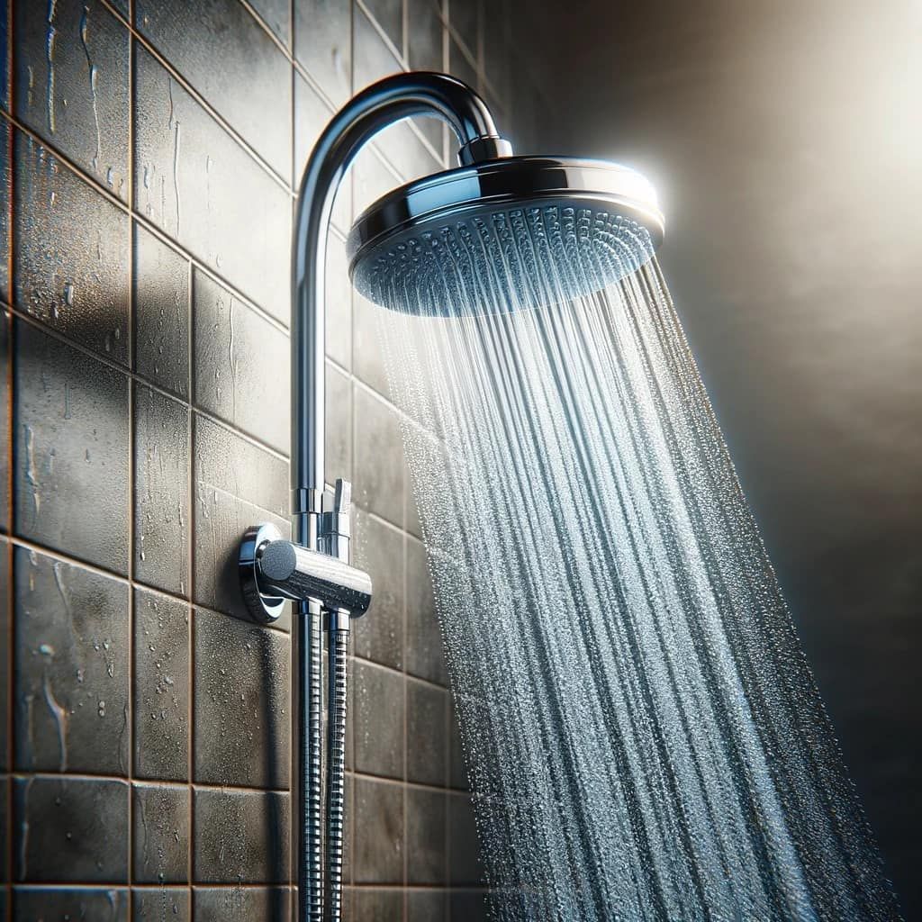 A chrome shower head mounted on a dark tiled wall, spraying water in a downward stream.