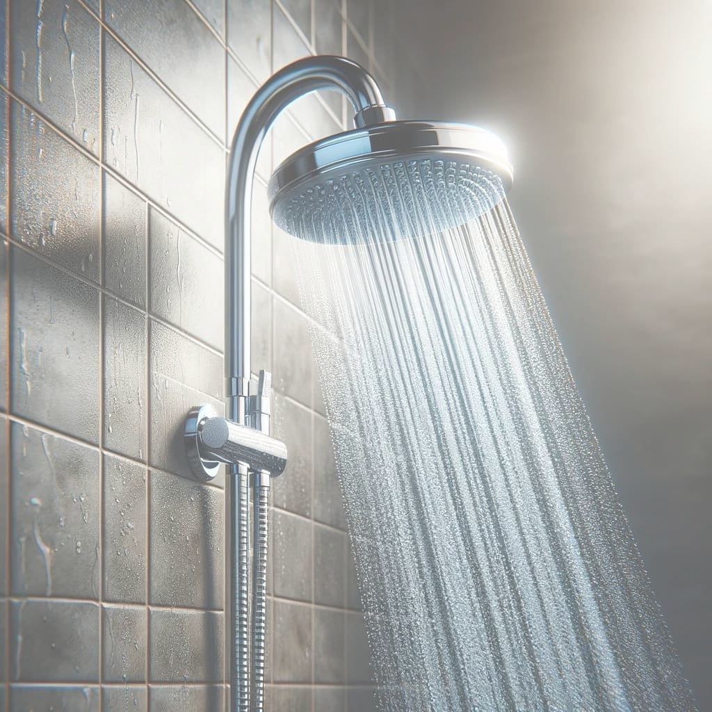 A chrome shower head mounted on a tiled wall, spraying a steady, bright stream of water downward.