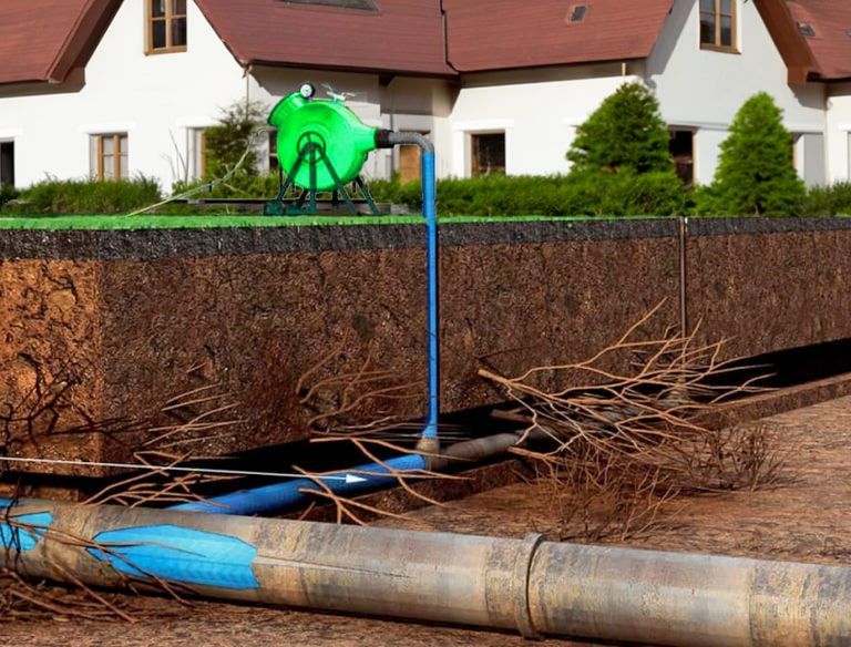 A bright green portable pump connected to a blue pipe system sits atop a textured brown wall in front of a house.