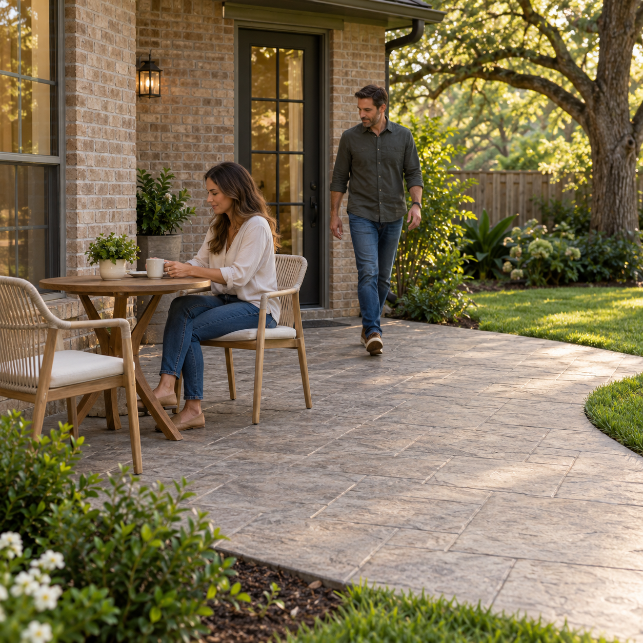 A man walks behind a seated woman’s chair along a clear route across a compact stamped concrete patio.