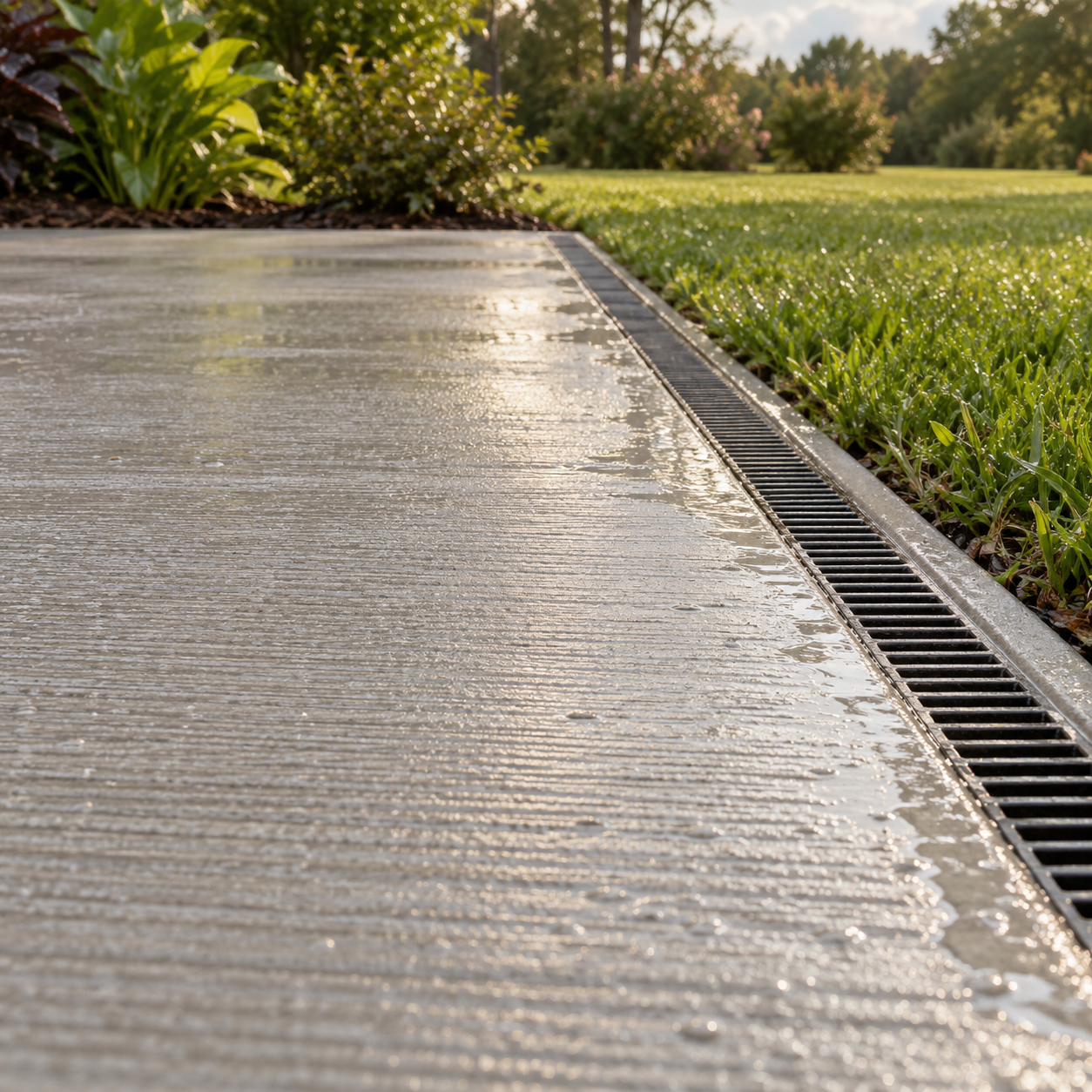 Rain-damp broom-textured concrete beside a narrow channel drain along the patio’s lawn edge.