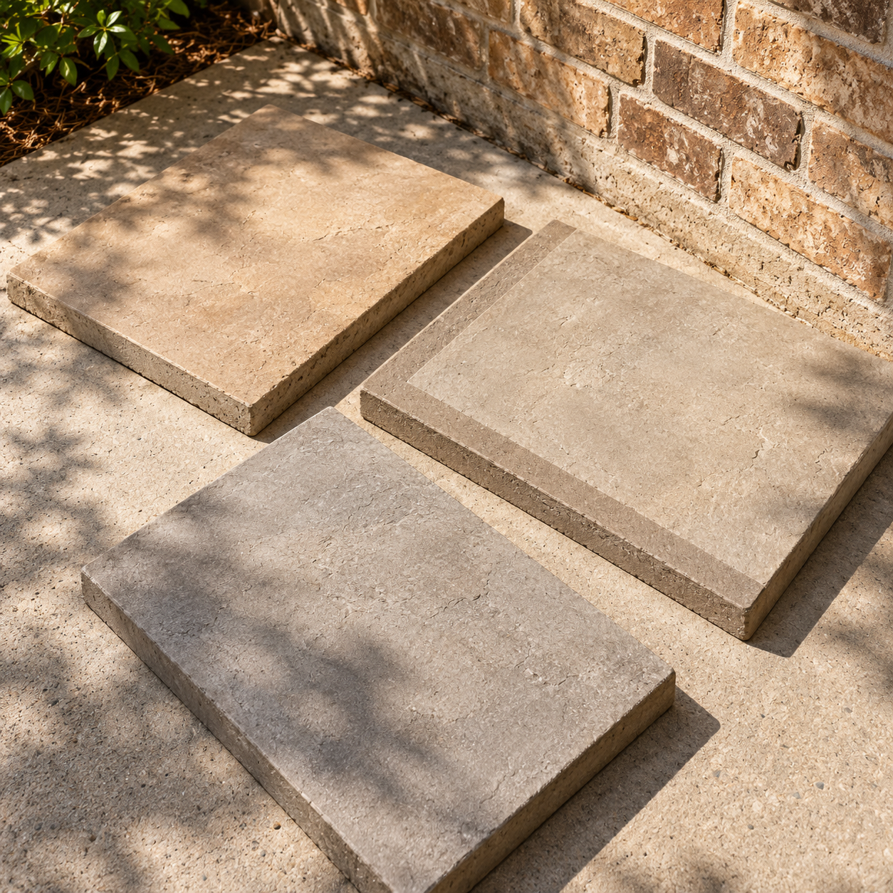 Three neutral concrete samples sit beside brickwork in dappled sunlight, including one with a narrow border.