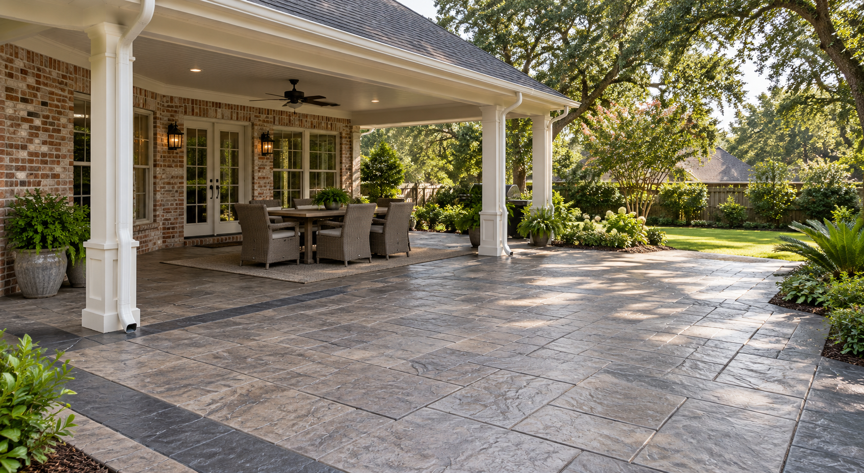 Partially covered stamped concrete patio beside a brick home, with shaded dining space