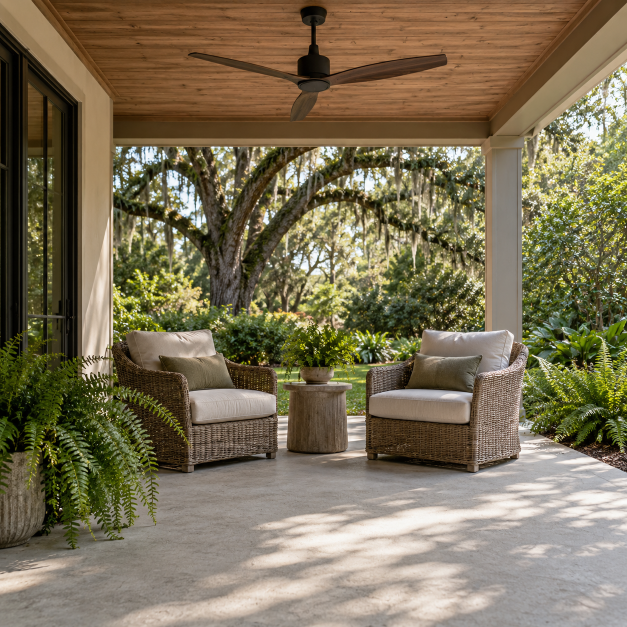 Ceiling fan above two lounge chairs on an open-sided covered concrete patio overlooking a leafy garden.