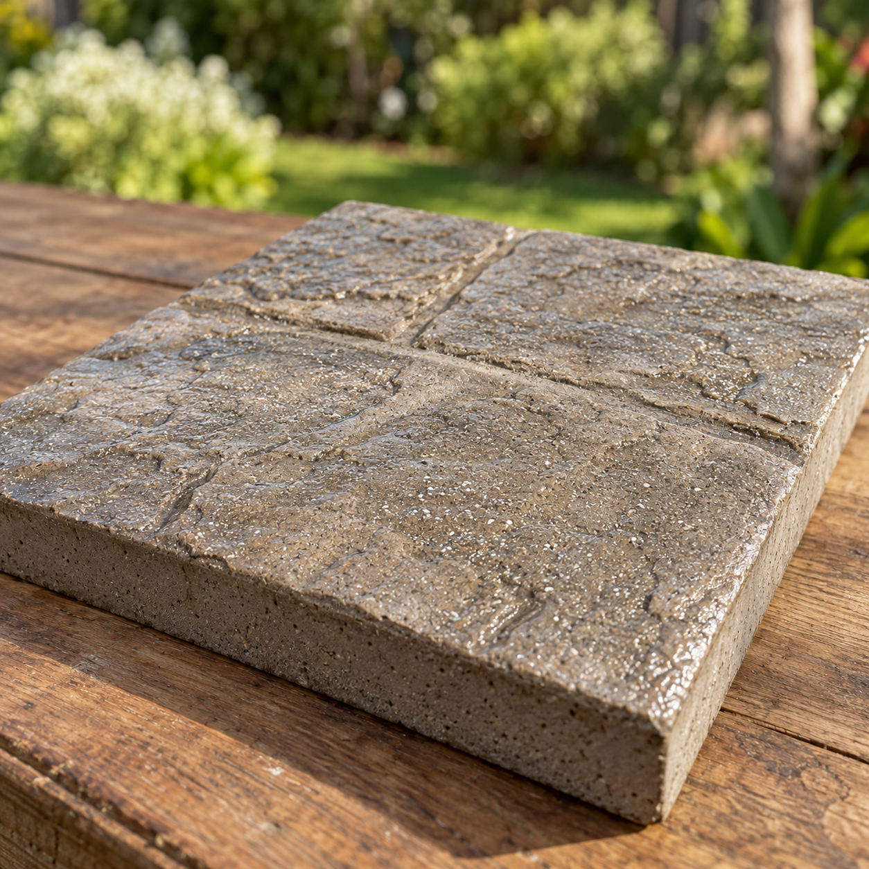 A stamped-concrete sample displays a finely textured clear finish on an outdoor workbench.