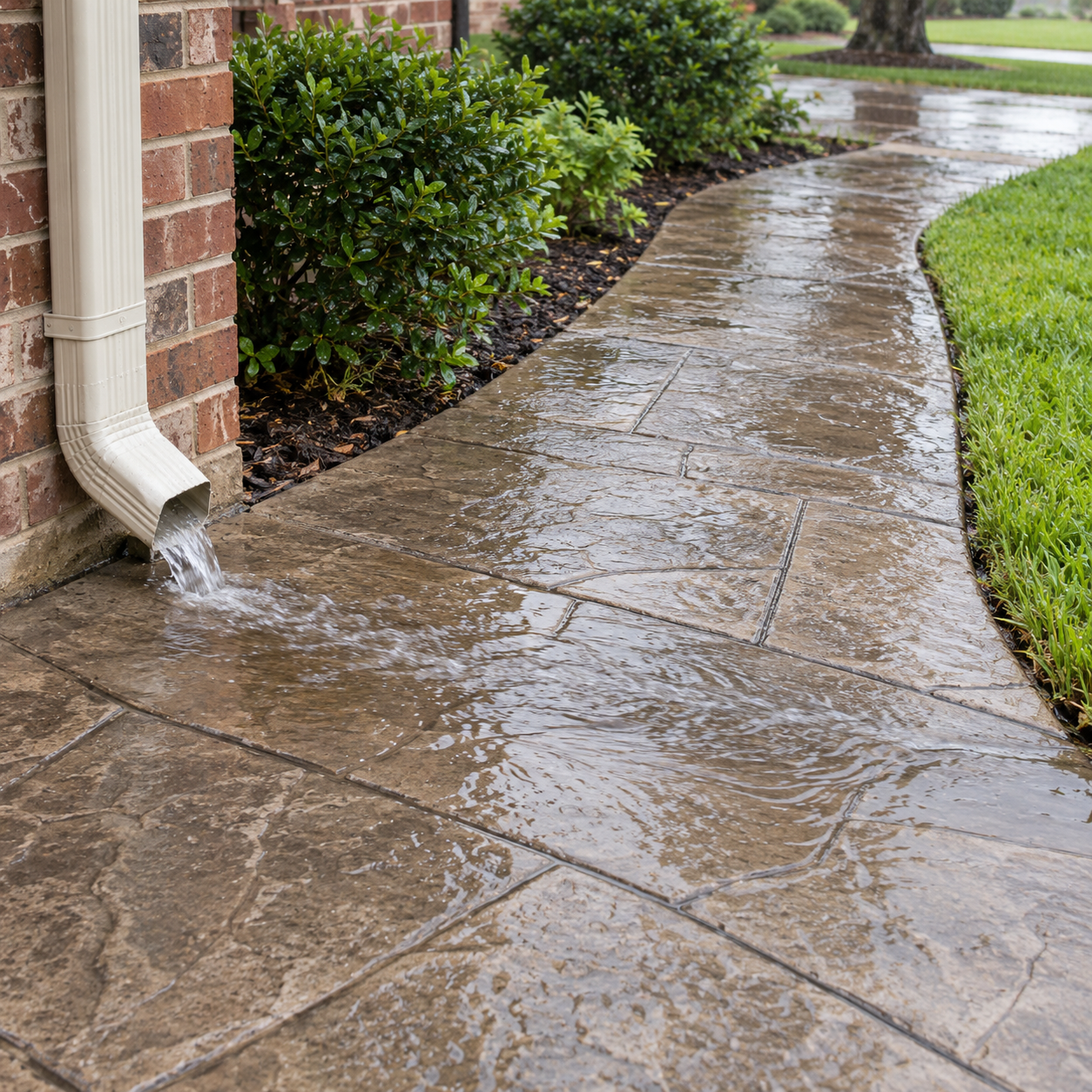 A downspout sends runoff across a stamped-concrete walkway beside a brick home.