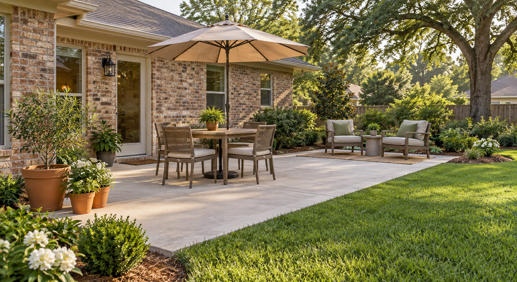 Concrete patio with umbrella-shaded dining, lounge chairs, potted plants, and a clear lawn edge.