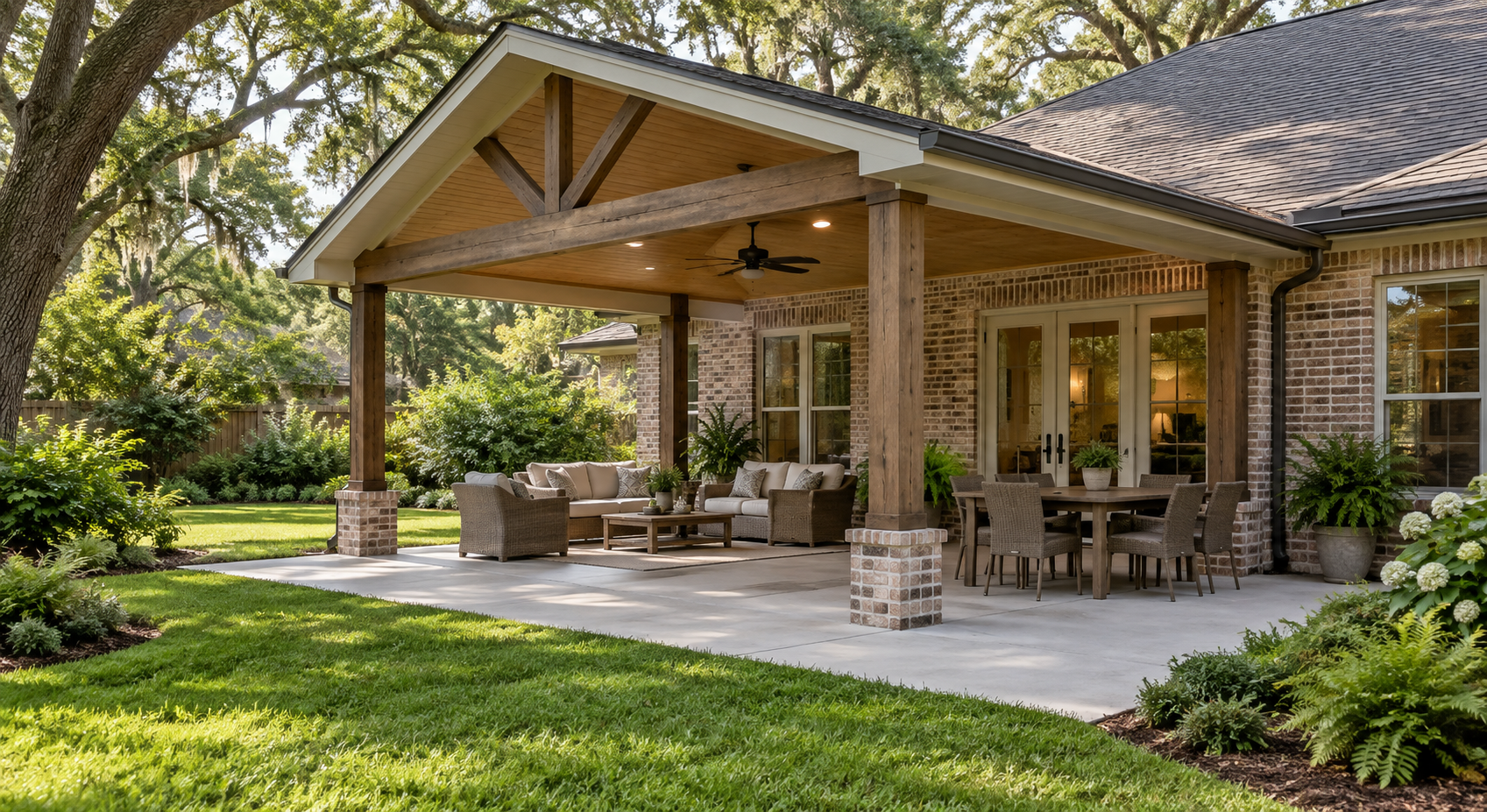 Covered concrete patio with timber columns, lounge seating, and a dining area beside a lush backyard