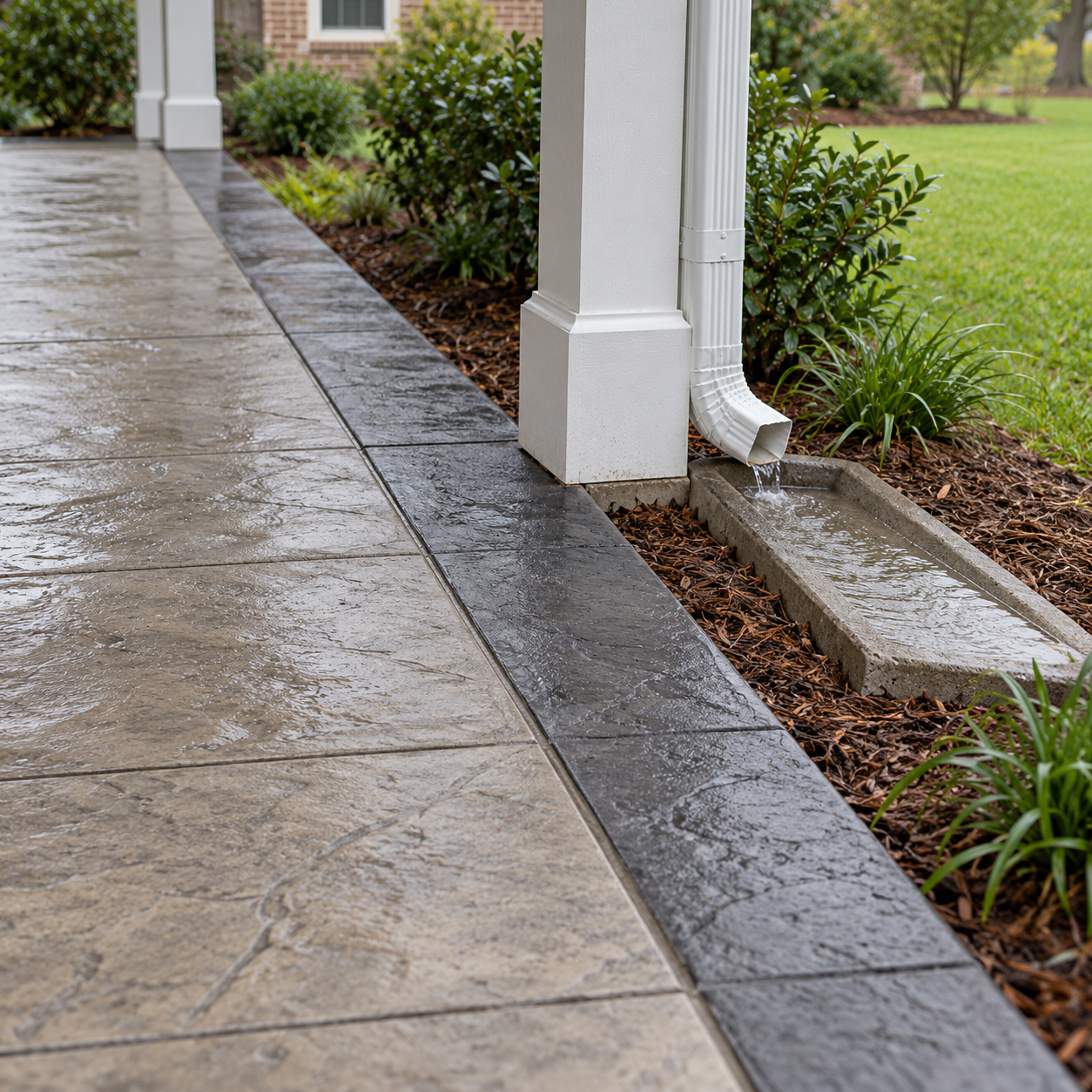Downspout releases rainwater into a splash block beside a stamped concrete patio with a flush charcoal border.