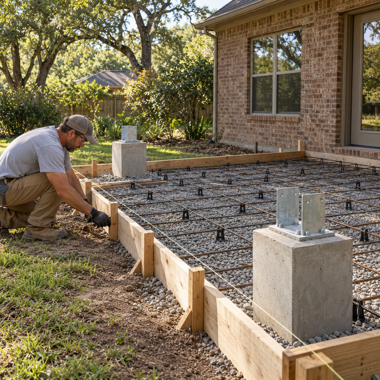 Contractor checks patio formwork beside reinforcing steel and concrete piers fitted with roof-post brackets.