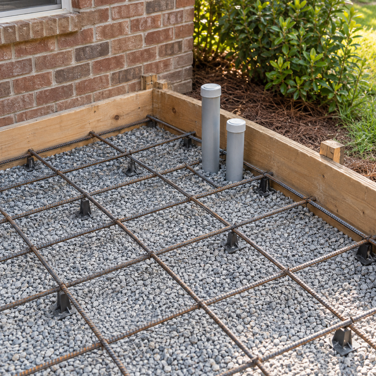 Capped utility sleeves beside raised steel reinforcement and timber forms before a concrete patio pour.