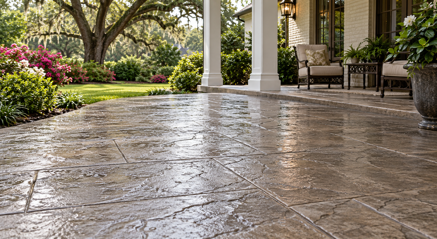 Rain-damp stamped concrete extends from a covered porch into a leafy Lafayette backyard.