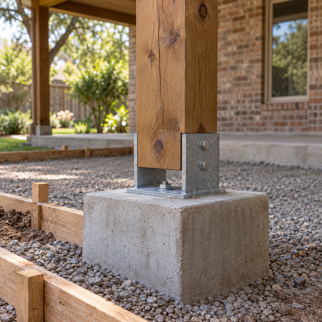 Timber patio post anchored to a concrete pier with a metal base beside gravel and slab forms.