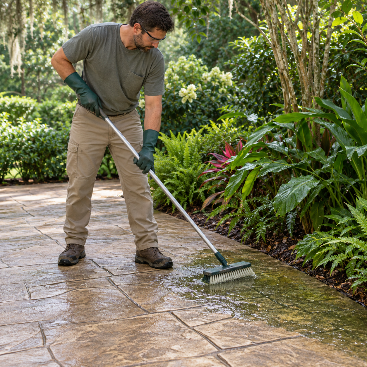A worker scrubs green buildup from stamped concrete beside dense garden foliage.