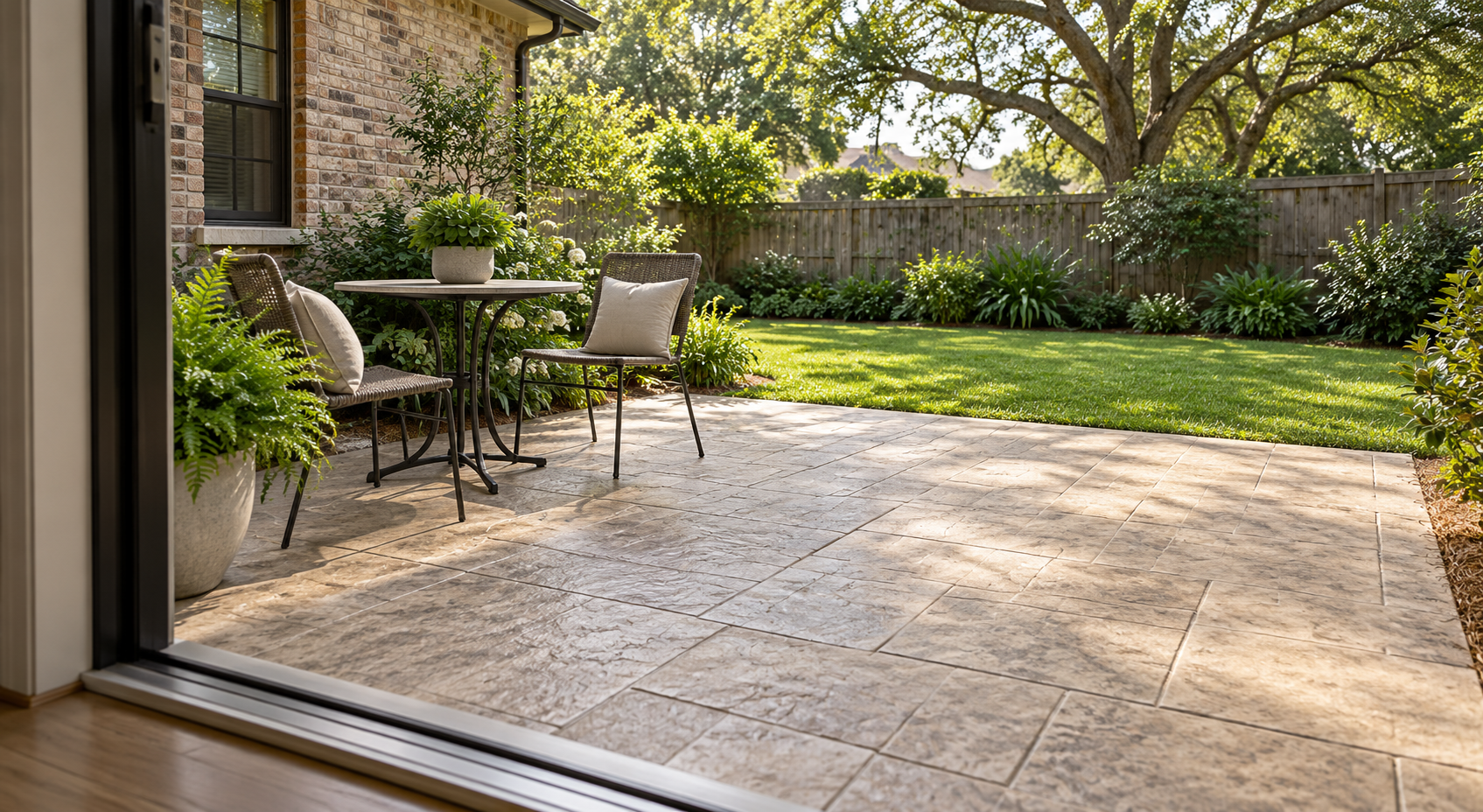 An open doorway overlooks a compact stamped concrete patio with two chairs and a clear route.