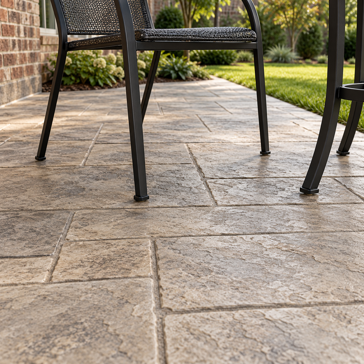 Slender outdoor chair legs rest on shallow stone-pattern impressions in a stamped concrete patio.