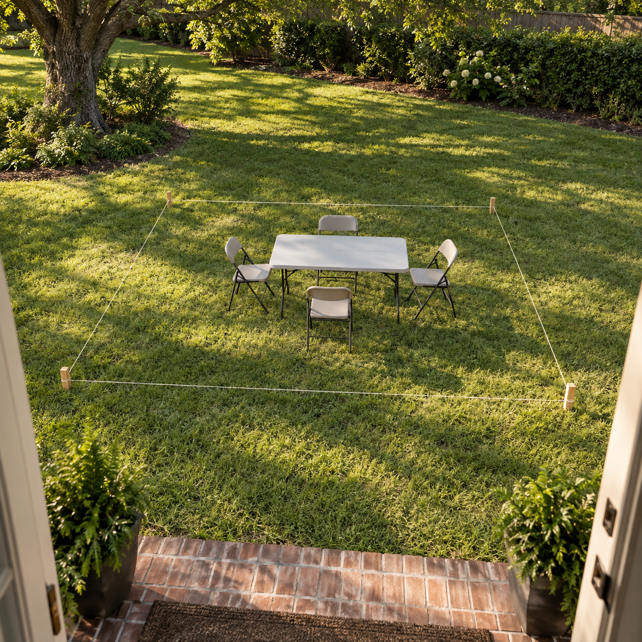Folding table and chairs inside a string-marked patio footprint on a backyard lawn.