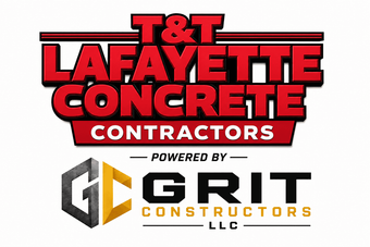 T&T Lafayette Concrete Contractors logo with “Powered by Grit Constructors LLC” text and gold/black GRIT logo