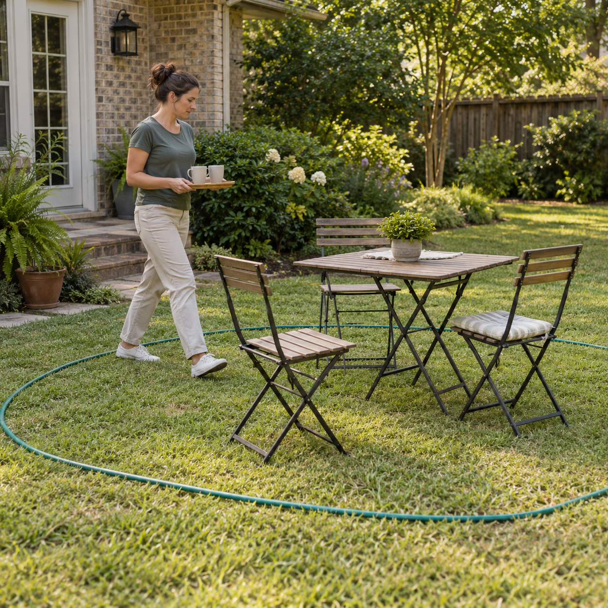 Homeowner carrying a tray past dining chairs on a lawn, with a garden hose marking the proposed patio boundary.