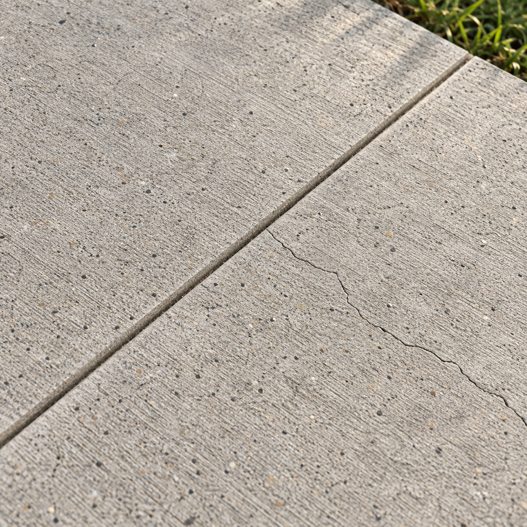 A fine irregular crack branches away from a straight control joint in level, broom-finished concrete.