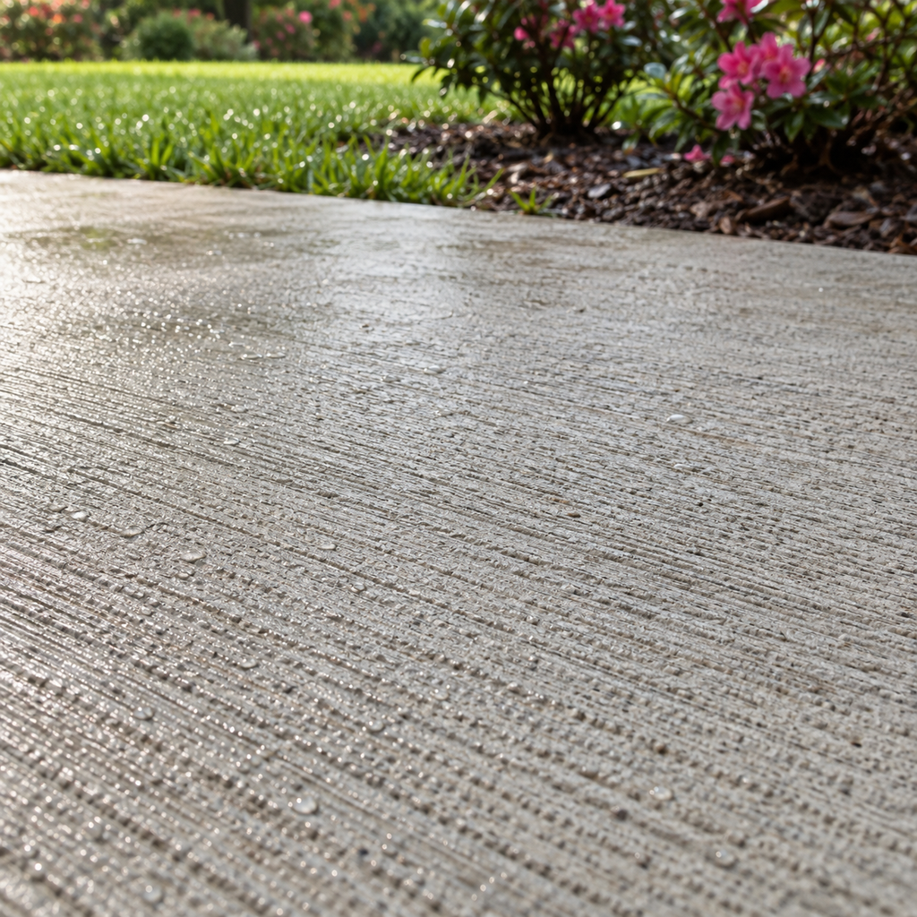 Fine broom lines and rain droplets on a gray concrete patio beside lawn and flowering shrubs.