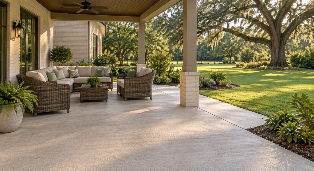 Covered concrete patio with cushioned wicker seating opens onto a green lawn shaded by a mature oak.