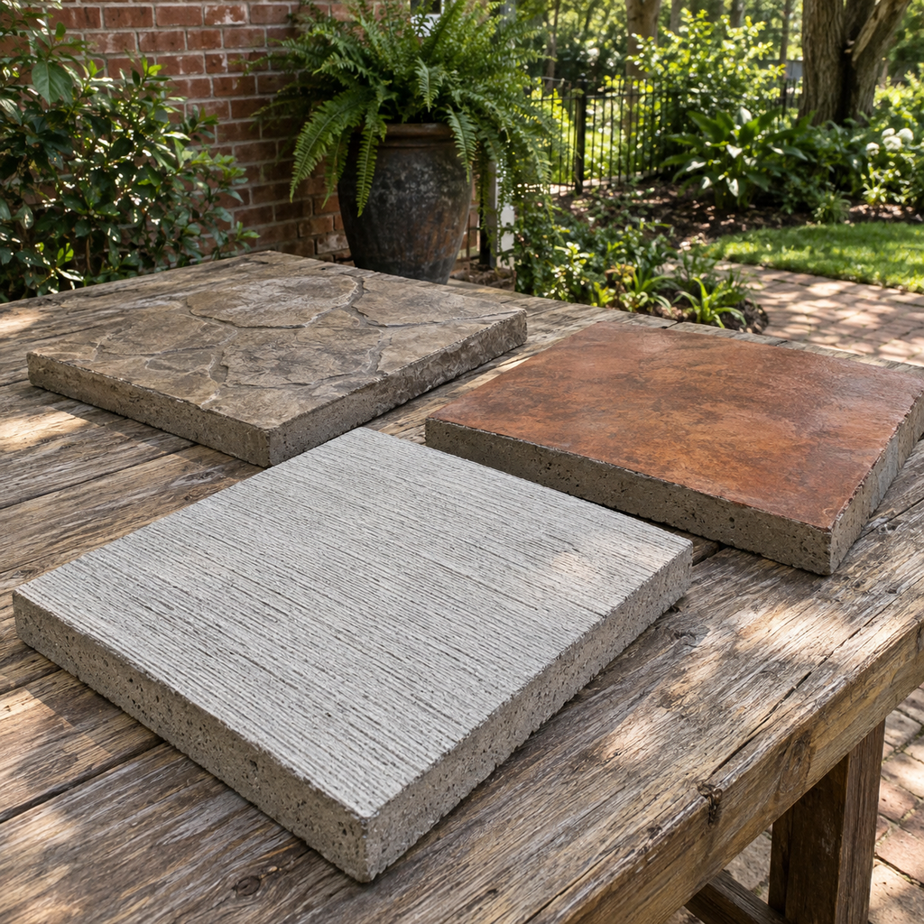Broom-finished, stamped, and terracotta-stained concrete samples on a wooden table outdoors.