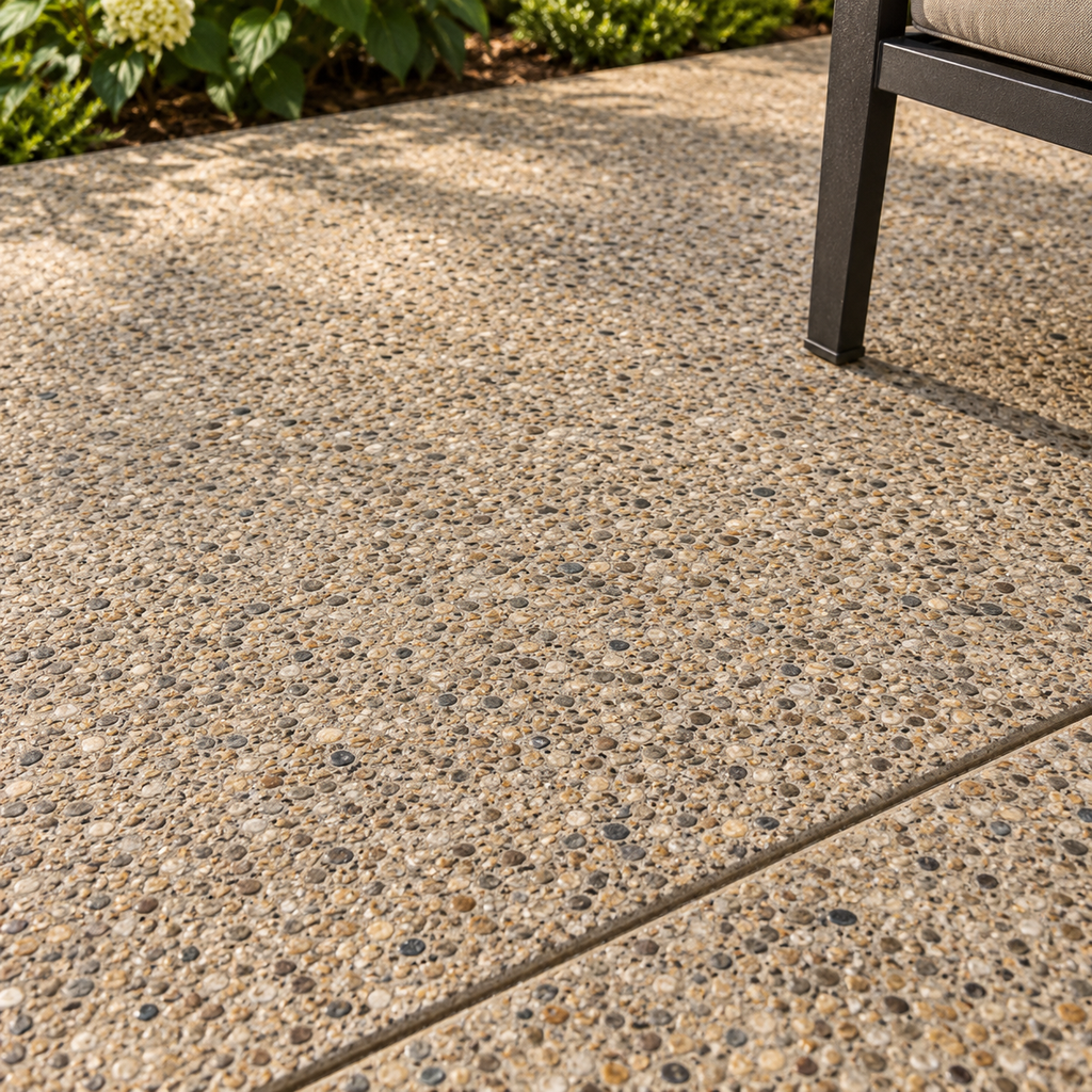 Small tan and gray stones exposed in a concrete patio surface, with a clean joint and outdoor chair.