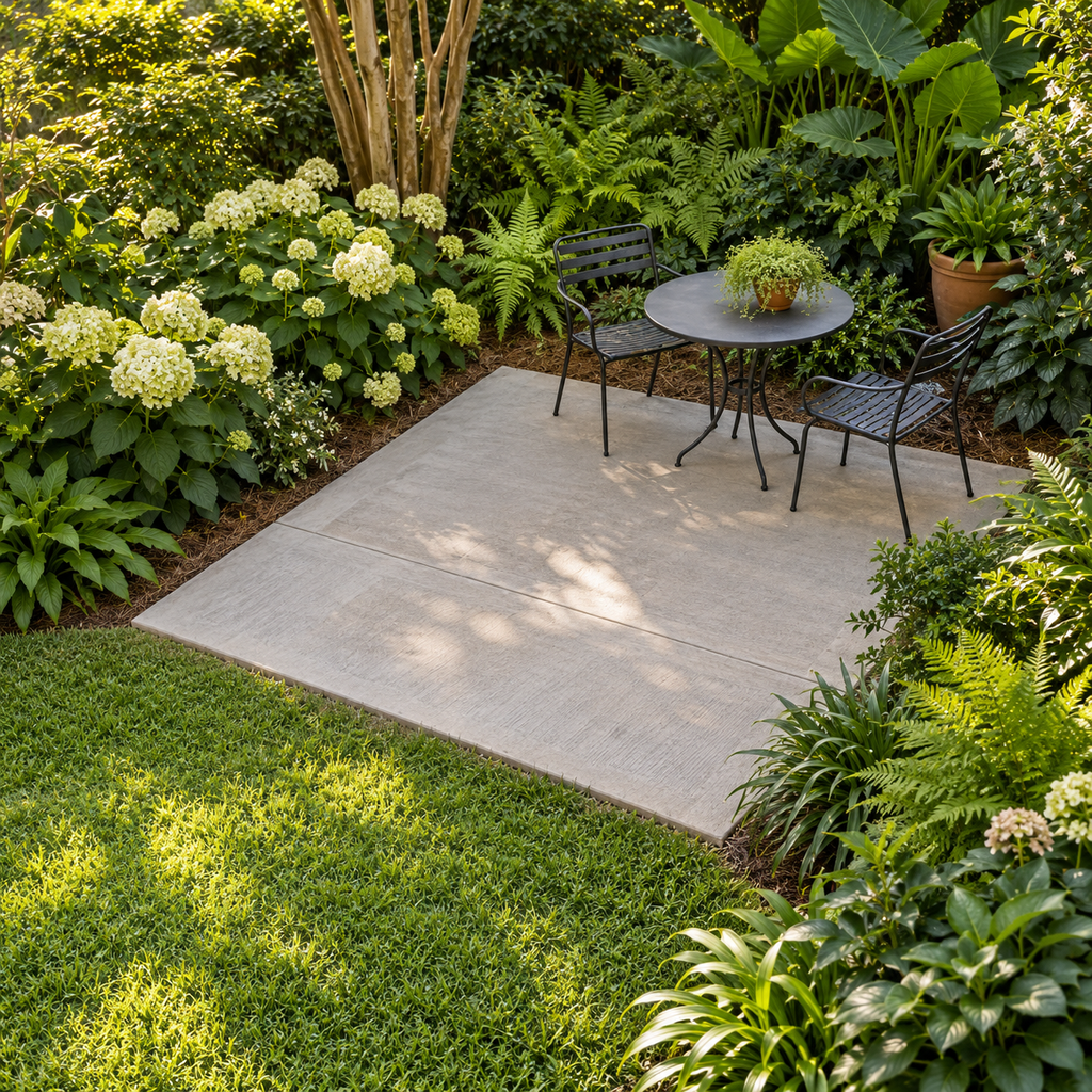 Compact concrete patio with a bistro table beside lush planting beds and an open lawn edge.
